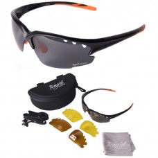 Fusion Sunglasses black/orange TR90 frame, 3 lense sets, Cat 0 yellow low light, 2 beige polarised, 3 grey mirror polarised 100% UVA/B protection by Rapid Eyewear