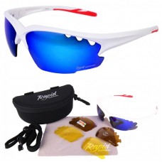 Breeze Sunglasses white/red TR90 frame 3 lense sets, Cat 0 yellow low light, 2 beige polarized, 3 Frostech blue mirror, 100% UVA/B by Rapid Eyewear